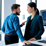 A professional male and female software developer, fully clothed in modern, modest business casual attire, collaboratively working on a sleek, futuristic desk in a brightly lit, contemporary open-plan tech office. A holographic interface of a generative AI assistant projects code suggestions and architectural diagrams in the air above their dual monitors. The developers are engaged, pointing at the projections, showcasing seamless human-AI collaboration and a focused, professional environment. Perfect anatomy, correct proportions, natural pose, well-formed hands, proper finger count, natural body proportions. Professional photography, sharp focus, high detail, vibrant colors, clean aesthetic, appropriate content, safe for work, professional.
