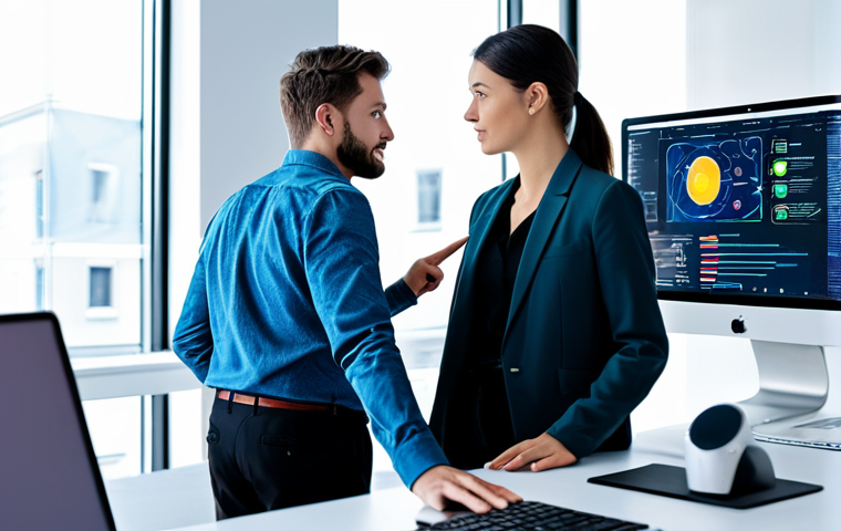 A professional male and female software developer, fully clothed in modern, modest business casual attire, collaboratively working on a sleek, futuristic desk in a brightly lit, contemporary open-plan tech office. A holographic interface of a generative AI assistant projects code suggestions and architectural diagrams in the air above their dual monitors. The developers are engaged, pointing at the projections, showcasing seamless human-AI collaboration and a focused, professional environment. Perfect anatomy, correct proportions, natural pose, well-formed hands, proper finger count, natural body proportions. Professional photography, sharp focus, high detail, vibrant colors, clean aesthetic, appropriate content, safe for work, professional.