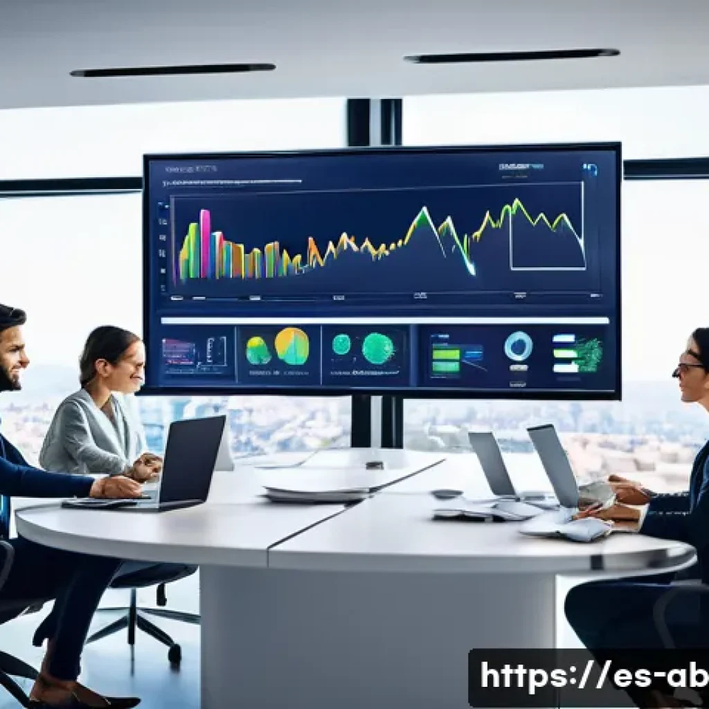 기술 스택의 통합 관리 기법 - A modern office scene with a diverse team of professionals collaborating around a large digital touc...