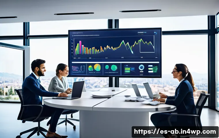 기술 스택의 통합 관리 기법 - A modern office scene with a diverse team of professionals collaborating around a large digital touc...