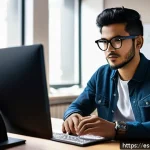 Home 22 최고의 기술 스택을 위한 추천 서적 - A modern software developer workspace scene featuring a young Hispanic professional in casual attire...