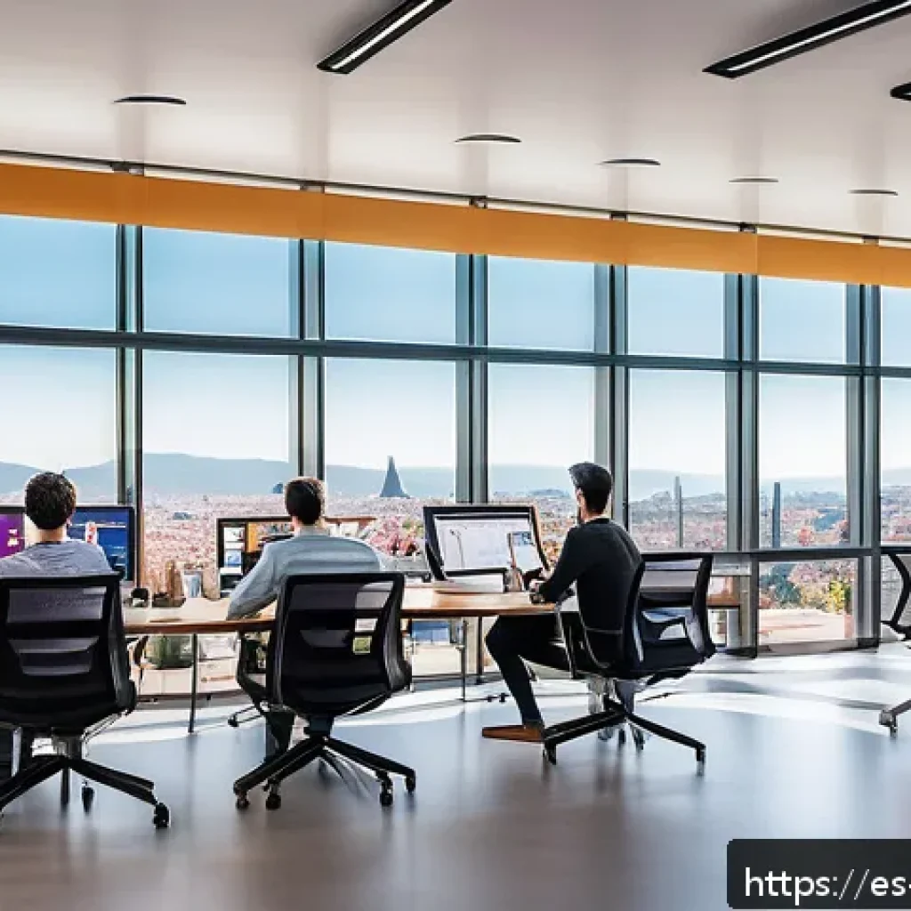 기술 스택의 비즈니스적 가치 분석 - A modern office environment in a vibrant Spanish tech startup, showing a diverse team of young profe...