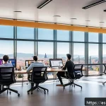 Home 20 기술 스택의 비즈니스적 가치 분석 - A modern office environment in a vibrant Spanish tech startup, showing a diverse team of young profe...