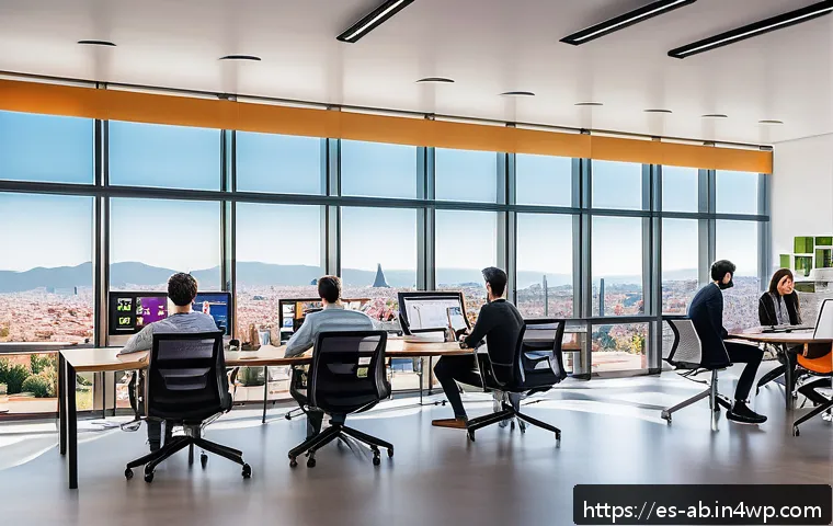 기술 스택의 비즈니스적 가치 분석 - A modern office environment in a vibrant Spanish tech startup, showing a diverse team of young profe...