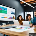 Home 19 기술 스택을 통한 문제 해결 능력 강화 - A modern digital workspace scene featuring a diverse team of professionals collaborating around a la...