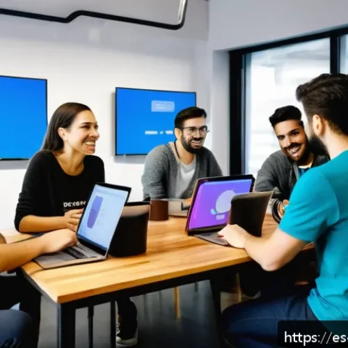 Home 30 기술 스택 개발을 위한 커뮤니티 참여 방법 - A diverse group of Spanish-speaking software developers collaborating in a bright, modern coworking ...