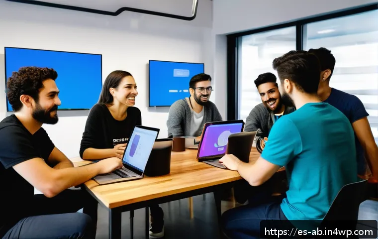 기술 스택 개발을 위한 커뮤니티 참여 방법 - A diverse group of Spanish-speaking software developers collaborating in a bright, modern coworking ...