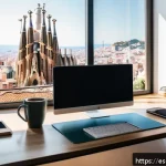 Home 23 비교 각 기술 스택의 특징과 유용성 - A modern web developer workspace in a bright, minimalist office in Spain, featuring dual monitors di...